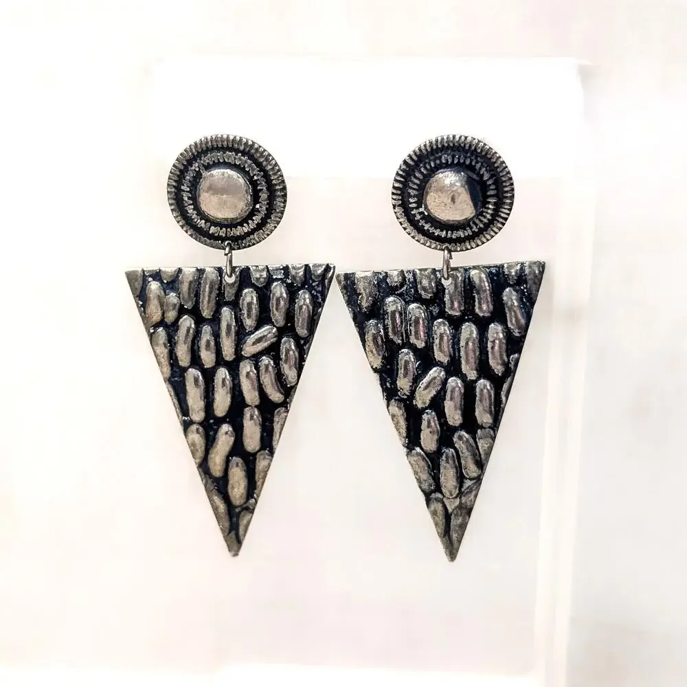 Vintage Clip On Earrings Long Triangle Shape Statement Dangle Dark Metal